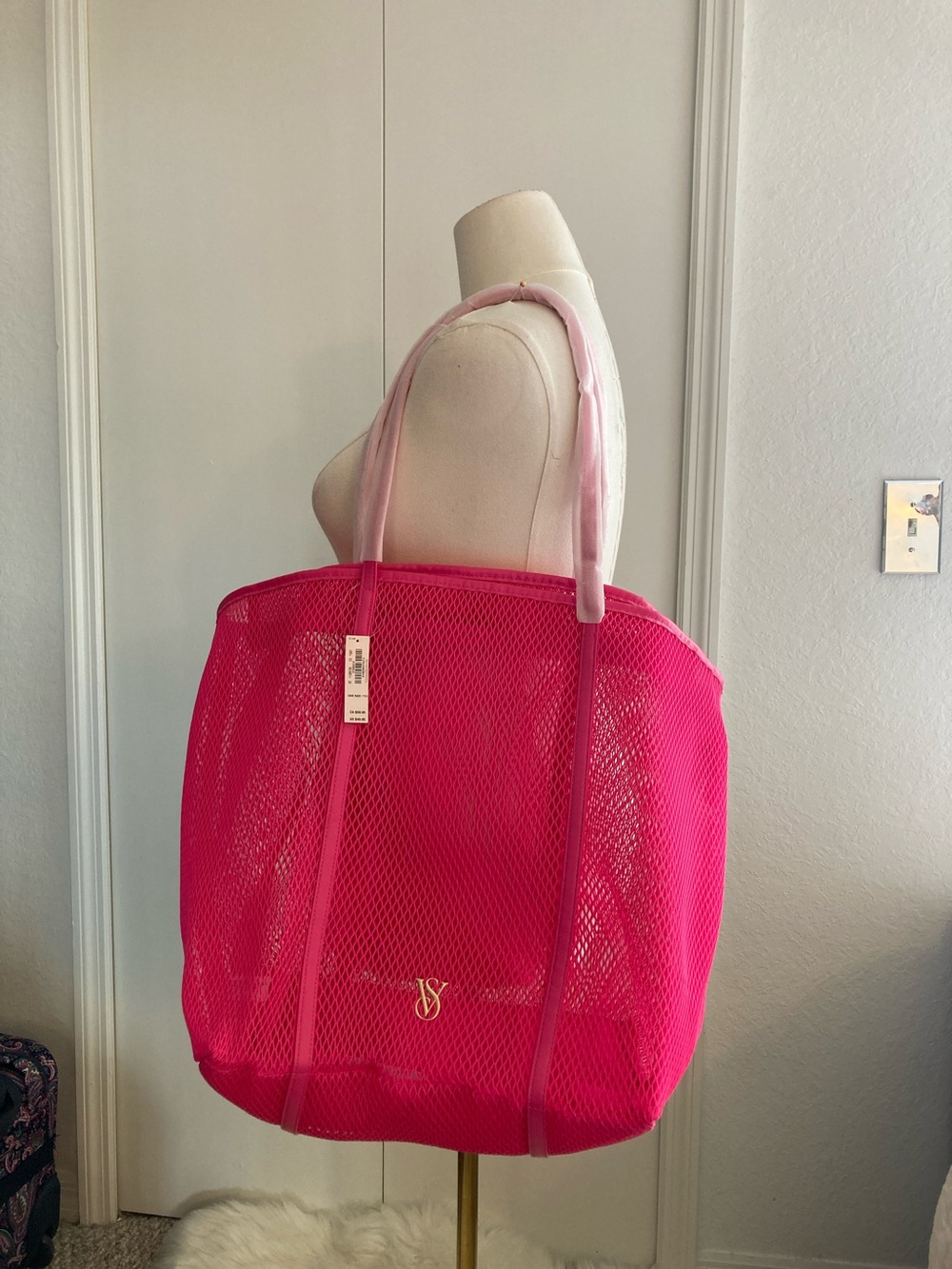 Victoria's Secret Bright Pink Mesh Tote Bag with VS Logo